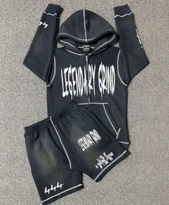 Conjunto de Sudadera con Capucha y Pantalones Cortos de Verano con Estampado Digital Personalizado en Felpa Francesa con Cremallera y Diseño de Camuflaje - Product Image 1