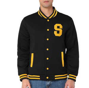 <b>Men's</b> Black <b>Varsity</b> <b>Jacket</b> With Yellow Trim Turn-down Collar Zipper Closure Preppy Style Regular Fit Autumn Wear - Product Image 5