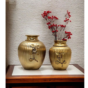 Vase à fleurs de luxe Design nordique vert artisanat finition plaqué or rose lot de 2 pièces - Product Image 4