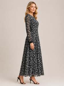 Wholesale Premium Quality <b>Black</b> Color Floral Print Western <b>Dress</b> Round Neck Sheer <b>Long</b> Sleeve High Waist A LINE <b>Maxi</b> <b>Long</b> Casual - Product Image 2