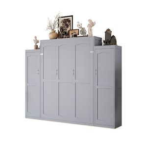Queen Size Wooden Murphy <b>Bed</b> <b>with</b> 2 Wardrobe <b>Storage</b> Shelf Multifunctional Foldable <b>Platform</b> Bedframe - Product Image 6