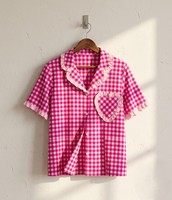 Ensemble de pyjama en coton à carreaux roses, respirant, luxueux et romantique, avec bordure à volants et poche en forme de cœur