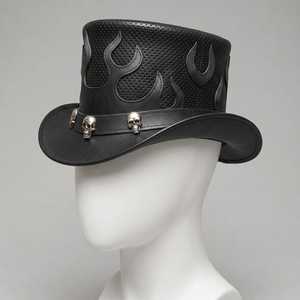 Unisex Leather <b>Top</b> Hat with Embossed Flames and <b>Skulls</b> Casual Style Adjustable 56-58CM Adult Party Hat - Product Image 5