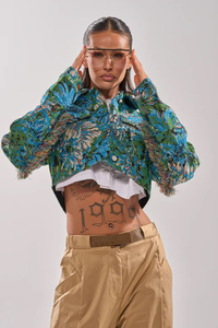Chemise-veste à imprimé floral avec manches lanternes, col rabattu, style décontracté printemps, unisexe, viscose et coton, longueur courte - Product Image 6