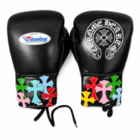 Ensemble de gants de boxe de compétition en cuir noir à lacets, personnalisables avec des croix et logos colorés, pour adultes, usage arts martiaux