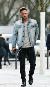 <b>Men's</b> Light Blue Washed Denim <b>Jacket</b> Casual Turn-down Collar Regular Sleeve Solid Color Autumn Style Slim Fit - Product Image 1