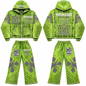 Conjunto deportivo informal de invierno 100% algodón con cremallera, largo completo, con estampado geométrico y pedrería, 450 GSM. - Product Image 6