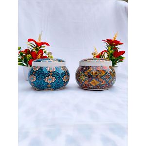 Exquisito Tarro de Metal Esmaltado con Diseño Floral, Organizador Tradicional Oriental de Frutas y Joyas para Escritorio, Tarro Decorativo Premium con Tapa para Regalo - Product Image 1