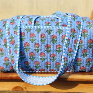 Blue Floral Quilted Cotton Duffel <b>Bag</b> <b>Large</b> Capacity Casual Travel Weekender Handmade Fabric Block Printed Overnight Luggage - Product Image 1