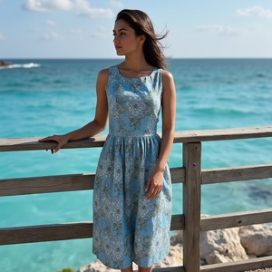 Vestido Midi de Algodón Transpirable, Dulce y Elegante para Mujer, Estampado Floral, Color Azul Polvo, Hecho a Mano en India, Silueta Fruncida - Product Image 5