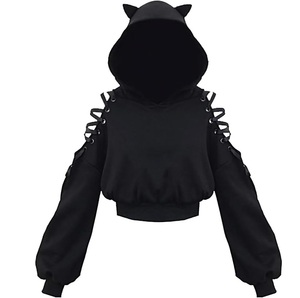 Sudadera Corta con Capucha para Mujer, Color Negro Sólido, Manga Larga, Tejido de Algodón, Estilo Gótico, con Cordones en el Hombro, para Otoño e Invierno - Product Image 1