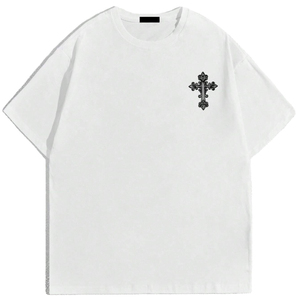 Camiseta Unisex de Cuello Redondo Personalizada de Alta Calidad con Diseño de Cruz Bordada, Corte Holgado, Estilo Casual, 100% Algodón Jersey - Product Image 4