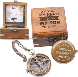 Grabado a mi hijo Brújula de reloj de sol de latón personalizado con caja de madera grabada Regalo para hijo