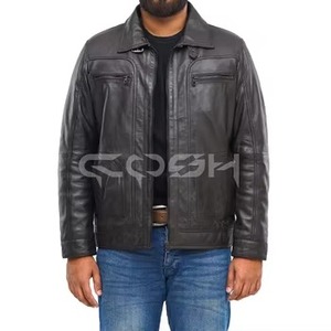 Veste moderne noire de style Cafe Racer avec poches zippées |   Vestes en cuir véritable pour hommes, style streetwear, avec col montant - Product Image 3