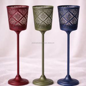 Metal etched Lace Votive <b>Candle</b> <b>Holders</b> with Long Stand – Set of 3 (<b>Black</b>, White & Antique Gold) - Product Image 1