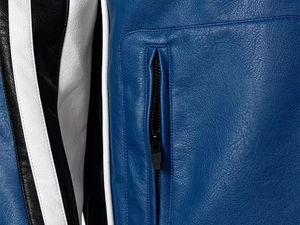 Men's Wool/Viscose Motorcycle Jacket Patchwork Stand Collar <b>Covered</b> <b>Button</b> Closure Color Blocking Windproof Custom Logo Back - Product Image 5