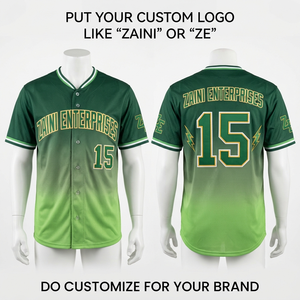 เสื้อเบสบอลสีเขียวไล่เฉด ผ้าโพลีเอสเตอร์ตาข่าย ระบายความชื้น 180 GSM ปักลายตามสั่ง พิมพ์โลโก้ด้วยเทคนิค Sublimation - Product Image 1