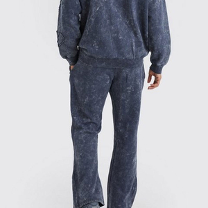 Men Heavyweight 100% Cotton Acid Wash Fleece Tracksuit Hooded Sweatshirt Full Length Jogger Pants Casual Streetwear Winter Set - Product Image 5