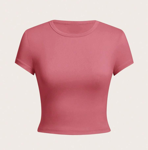 T-shirt court ajusté à col rond pour femme, hauts esthétiques, crop top basique, streetwear, manches courtes, baby tee pour femme - Product Image 3