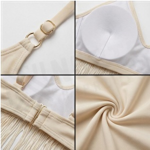Cream 2 Piece Set Crossed Halter <b>Top</b> With Tassel And <b>Fringe</b> Skirt Women's Beachwear - Product Image 4