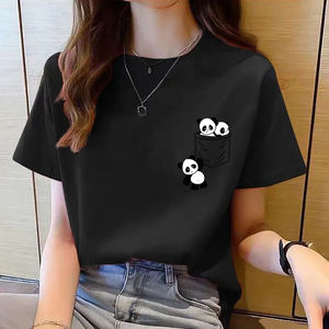 Camiseta de manga corta para mujer, novedad de verano, con bolsillo, estampado de panda de dibujos animados, estilo coreano, holgada, con cuello redondo - Product Image 4