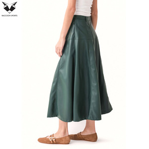 Jupes et pantalons en cuir vert vintage, jupe évasée à taille haute boutonnée sur le devant, mode décontractée d'automne pour femmes - Product Image 3