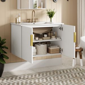 Mobile Bagno Vintage da 30 Pollici con Lavabo Singolo in Ceramica a 3 Fori, 2 Armadietti con Chiusura Ammortizzata, Stile Retrò - Product Image 2