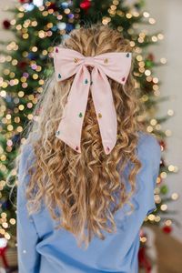 Moño de Pelo Rosa Satinado con Adornos de Cristal de 25 cm, Estilo Dulce, Accesorio para el Cabello Navideño para Mujer - Product Image 1