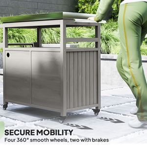 Carrello da Cucina per Esterni in Legno Massello con Piano in Acciaio Inox e Ruote, Armadietti Grigi, Carrello Resistente per Barbecue da Esterno - Product Image 6