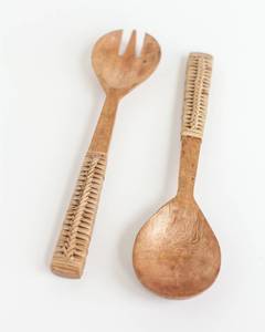 Cucharas para Ensalada Hechas a Mano con Madera de Mango y Mangos de Ratán Tejidos, Diseño Geométrico Bohemio, Utensilios de Cocina Naturales - Product Image 3