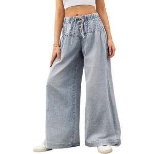 2025 femmes Stretch taille haute cordon taille élastique Flare Denim pantalon respirant maigre crayon mi large jambe conception - Product Image 4