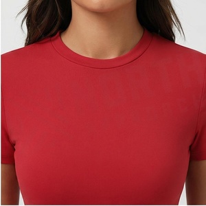 Conjunto de Yoga Rojo de 2 Piezas para Mujer: Top de Cuello Redondo y Manga Corta con Pantalones Acampanados de Cintura Alta y Cordón Ajustable, Sólido, Elástico, Sin Costuras, Ropa Deportiva - Product Image 2
