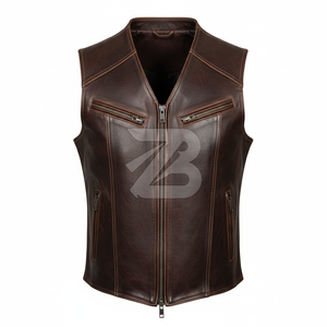 Gilet de motard en cuir véritable pour homme, marron foncé, double couture, fermeture éclair sur le devant avec poches zippées sur la poitrine, vente directe d'usine - Product Image 1