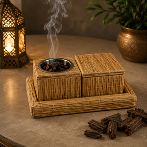 Ensemble brûleur à bakhoor en osier tressé écologique personnalisé avec boîte de rangement, porte-encens arabe Mabkhara pour cadeau de Ramadan et décoration de l'Aïd - Product Image 1