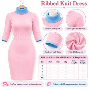 Robe moulante en tricot rose à col roulé HMR Sorority Sisterhood, manches trois quarts avec bordure contrastée bleue - Product Image 6