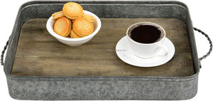 Bandeja de servicio grande de Metal galvanizado plateado rústico con base de madera maciza y asas decoración de bandeja de granja decorativa para el hogar - Product Image 2