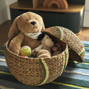 Sporty Woven Water Hyacinth Tennis Ball Kid Storage Basket With <b>Green</b> Detail Woven Handmade Kids Room Decorative Organize - Product Image 2