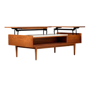 Mesa de Centro de Teca Sólida de Primera Calidad, Estilo Moderno de Mediados de Siglo, con Tapa Elevable, Almacenamiento Oculto y Superficie con Detalles de Mármol - Product Image 1