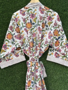 Robe Kimono en Coton Fleurie Faite à la Main pour Femme, 240g, Manches Longues, Ceinturée, Col en V, Tenue Décontractée de Nuit Printemps/Été, Peignoir de Resort - Product Image 5