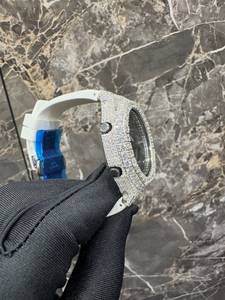 Iced Out Moissanite <b>Watch</b> Batteries Quartz Analog Round Case Rubber Strap Unisex Hip Hop Luxury Silver 40mm Lightweight Day/Date - Product Image 2