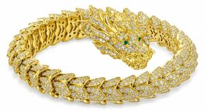 Gold Plated Dragon Head Cuff <b>Bracelet</b> with Cubic Zirconia Links Brass Jewelry 21cm Length for Anniversary Gift - Product Image 1
