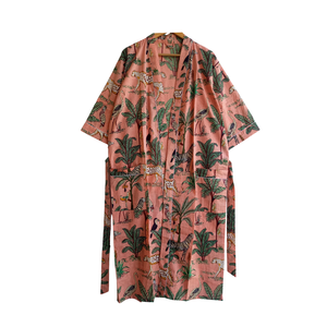 Peignoir Kimono en Coton Artisanal pour Femme, Col en V, Manches Longues, Imprimé Jungle, avec Ceinture à Cordon, Vêtement de Nuit et d'Intérieur, Vente en Gros - Product Image 1