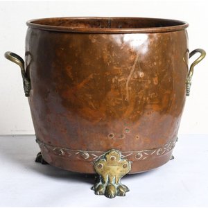 <b>Vintage</b> Copper Metal Planter <b>Pot</b> with Brass Handles and Feet Houseplant Cachepot Indoor Greenery Vessel Home Garden Decor - Product Image 1
