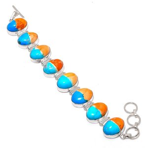Bohemian Silver Plated Spiny Oyster Emerald Channel Set Charm Bracelet Orange Oval Shape Gemstones Chain Unisex Gift Jewellery - Product Image 1