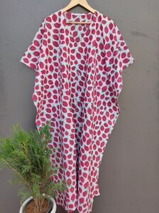Caftán de Algodón para Mujer, Vestido de Verano de Manga Corta con Cuello en V, Estampado de Lunares, Largo Completo, Cierre de Encaje, Tejido Suave con Estampado a Mano - Product Image 4