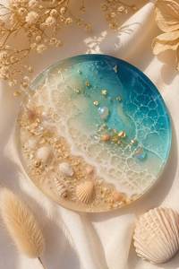 Unique Round <b>Glass</b> Resin <b>Coaster</b> Set With Seashells Starfish Bohemian Design Handmade Table Mats 350mm Diameter <b>Coaster</b> - Product Image 4
