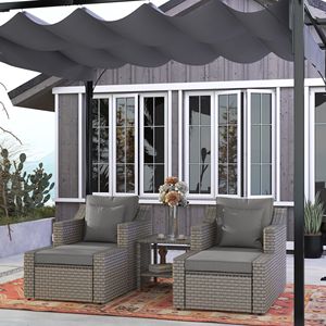 5-Piece Outdoor Patio Furniture Set PE Rattan Chair with Wood Grain <b>Plastic</b> Top Coffee <b>Table</b> Gray Two Pillows Included - Product Image 2