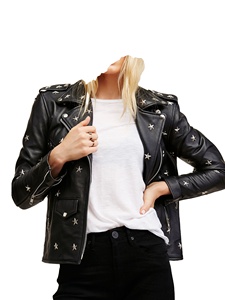 Veste moto en cuir véritable pour femme, manches longues, col montant, fermeture éclair, couleur unie, pour l'automne - Product Image 6