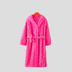 Bata con Capucha de Forro Polar Suave para Mujer, de Longitud Completa, con Mangas Largas, Ropa de Invierno Acogedora, Diseño Tejido de Color Sólido - Product Image 4