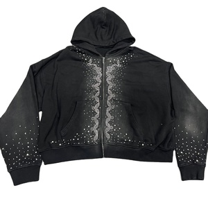 Mode personnalisé de haute qualité 100% coton gemmes strass graphique fermeture éclair soleil lavage soleil délavé surdimensionné fermeture éclair sweats à capuche pour hommes - Product Image 1